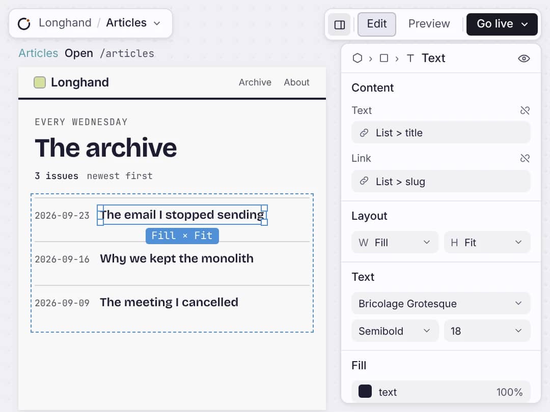 Longhand archive text bound to list title and slug in the Mockup editor