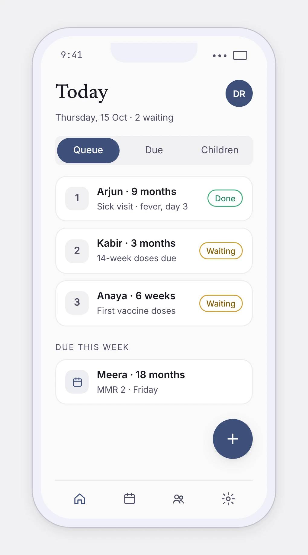 Clinic mobile app showing today's patient queue and upcoming vaccine doses