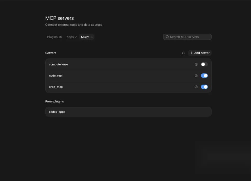 Codex MCP servers settings showing Orbit MCP listed and enabled