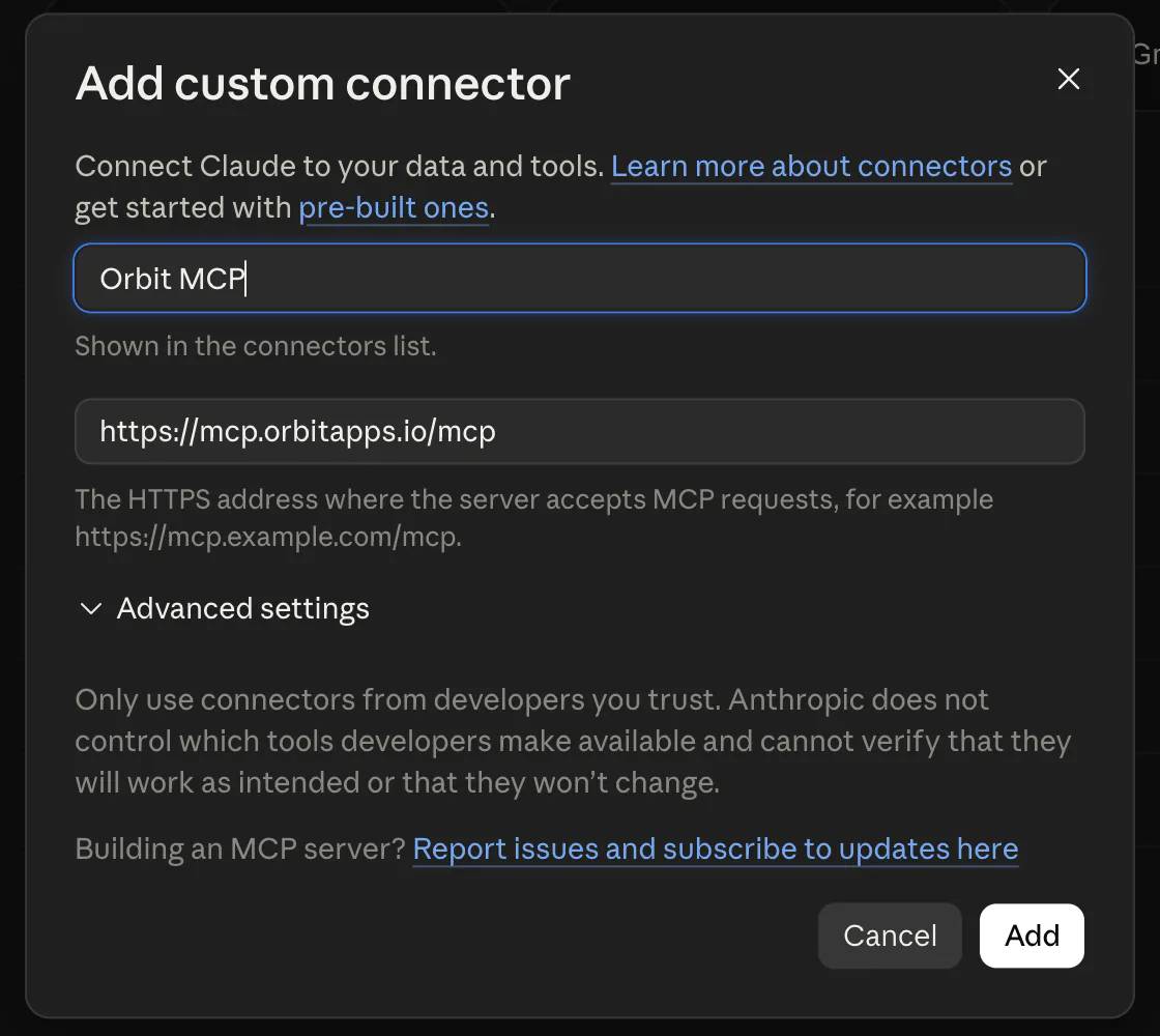 Claude custom connector dialog with Orbit MCP and the Orbit MCP endpoint filled in