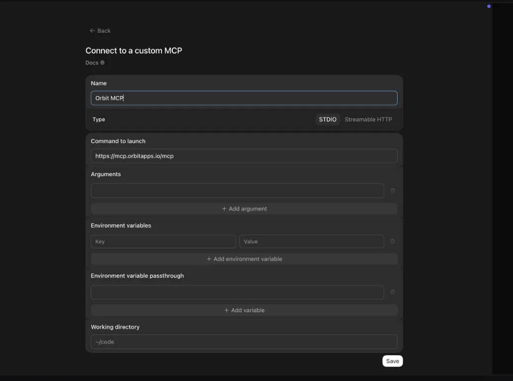 Codex custom MCP settings with Orbit MCP name and endpoint filled in
