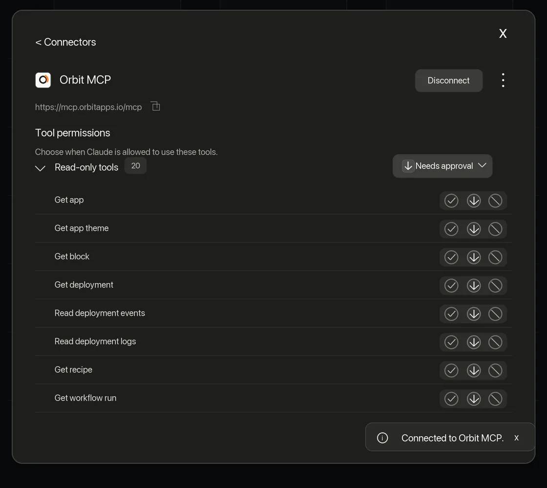 Claude connector settings showing Orbit MCP connected with tool permissions