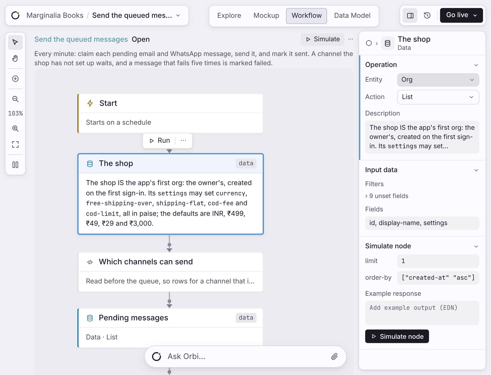 Workflow editor showing queued messages