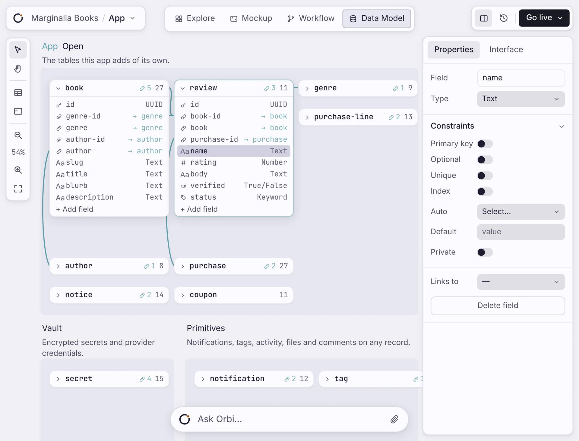 Data model editor for Marginalia Books