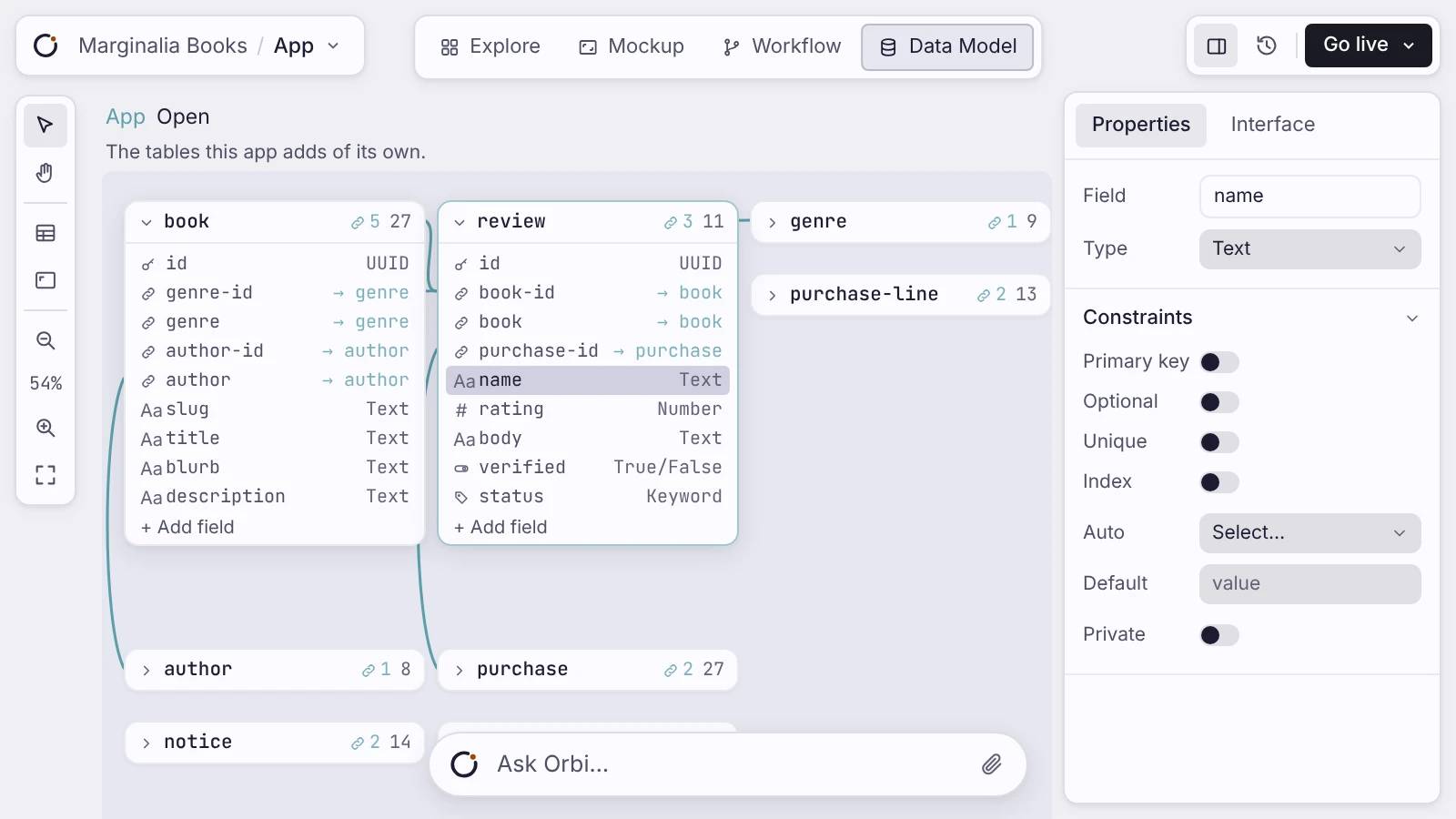 Build: book and review tables in the data model editor