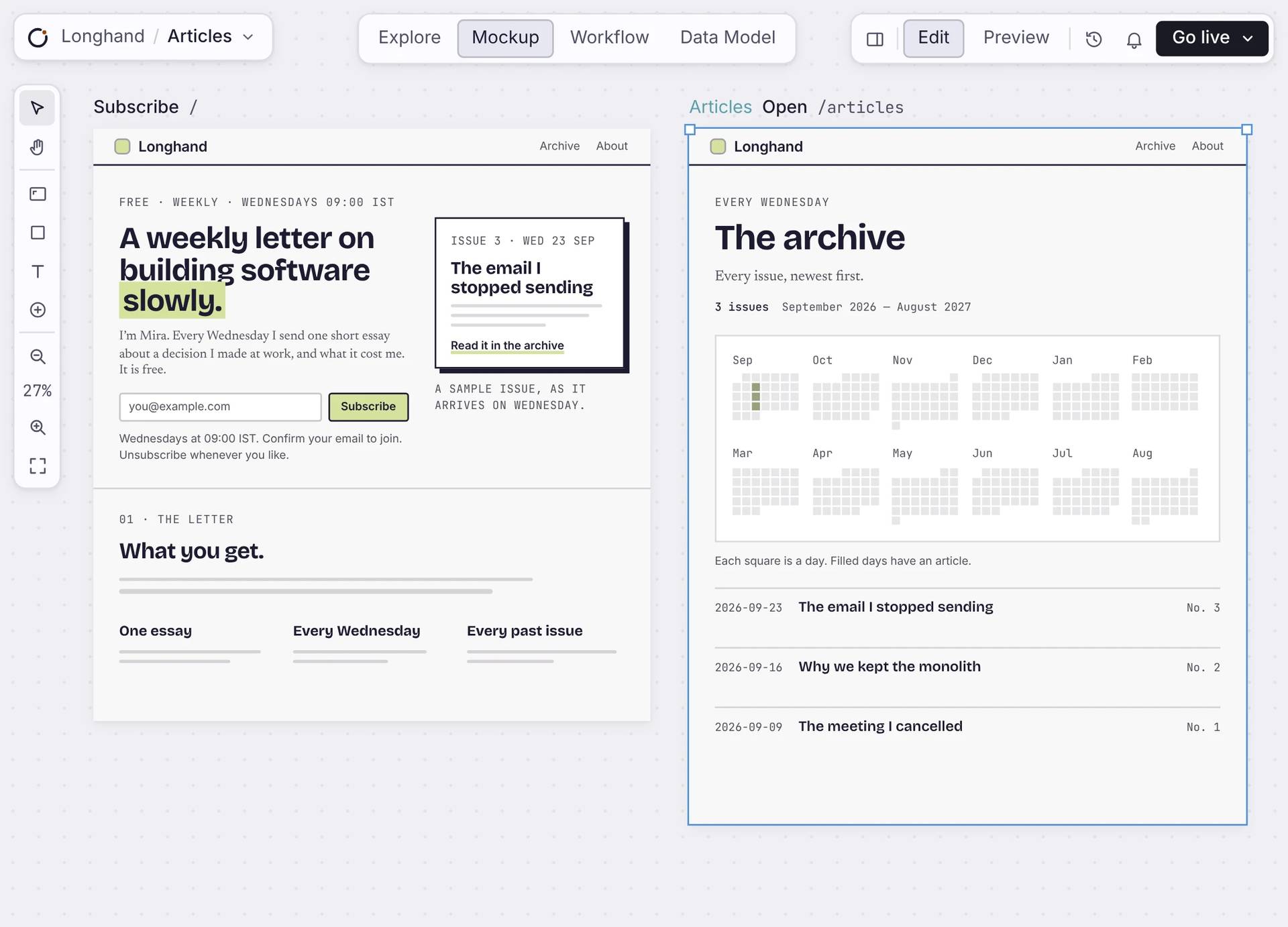 Longhand newsletter and article archive screens in the Orbit Mockup editor