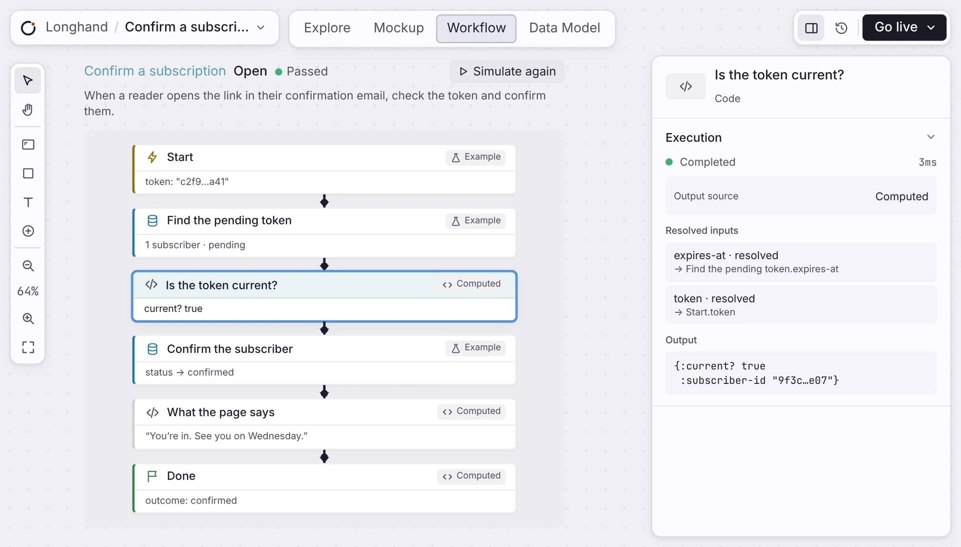 Completed Longhand subscription workflow with step results and execution details