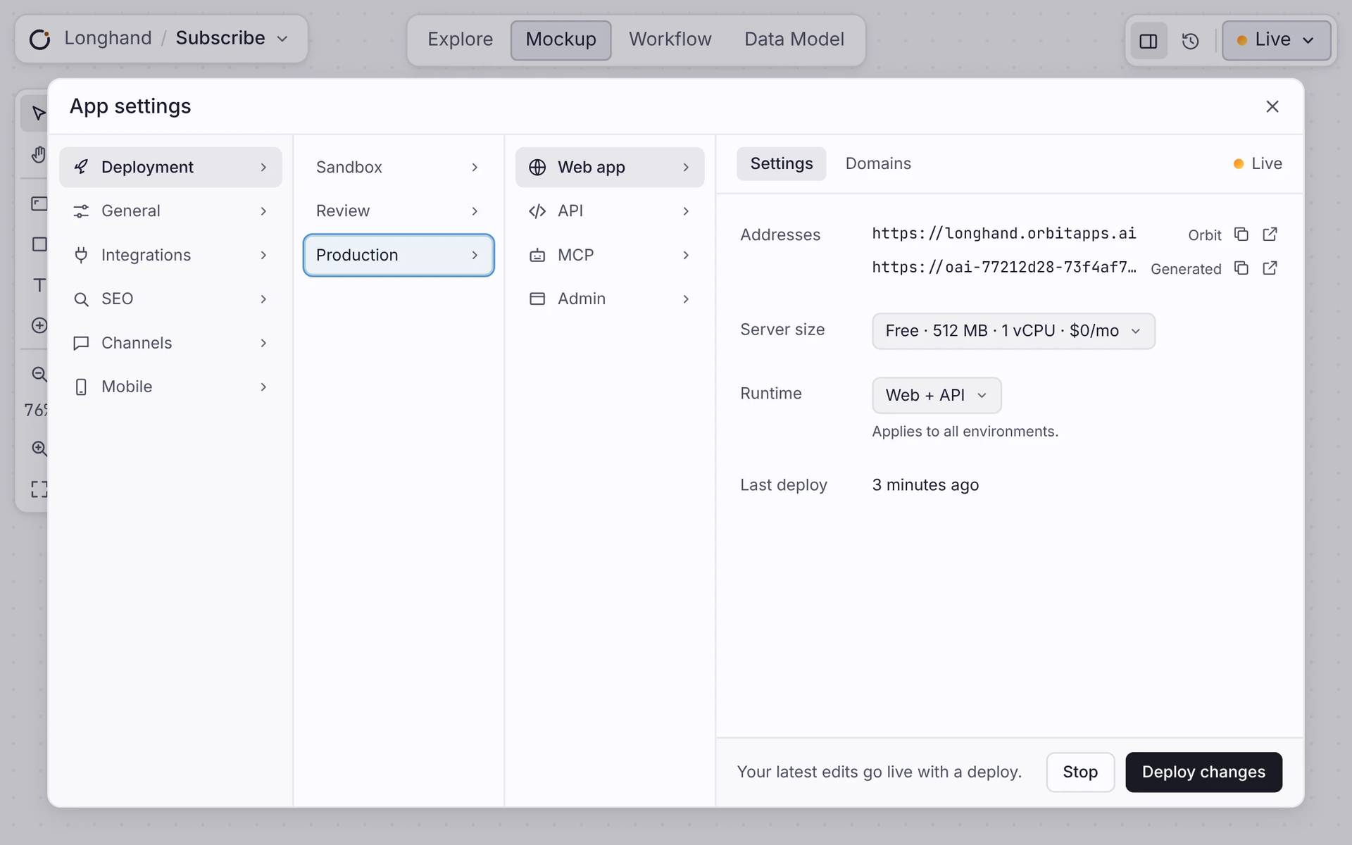 App deployment settings showing production addresses, server size and runtime