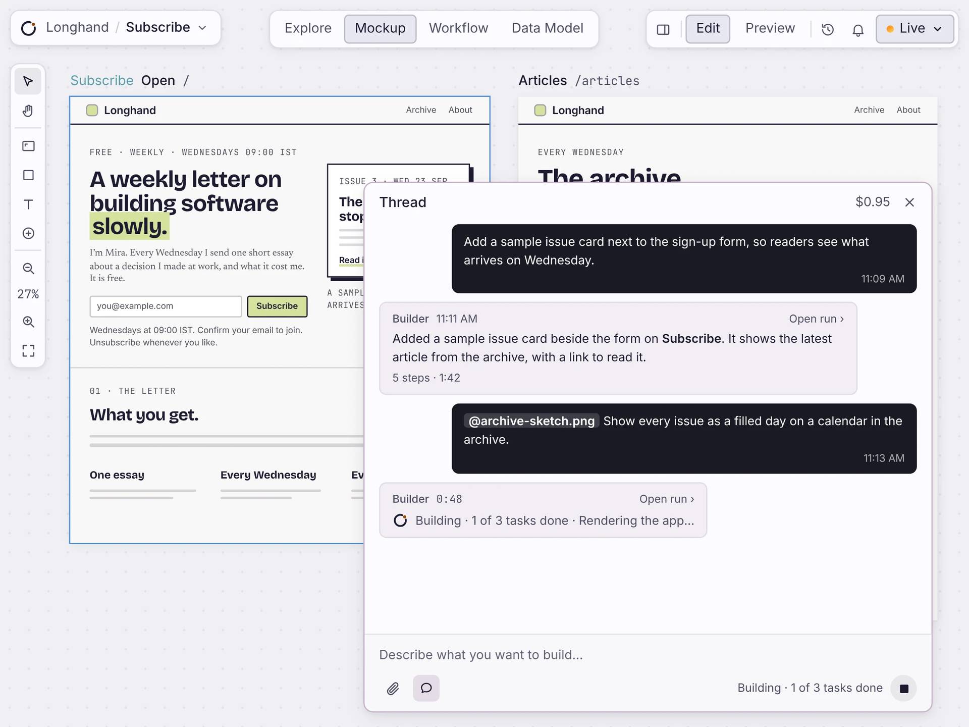 Agent building a newsletter app from requests in the conversation