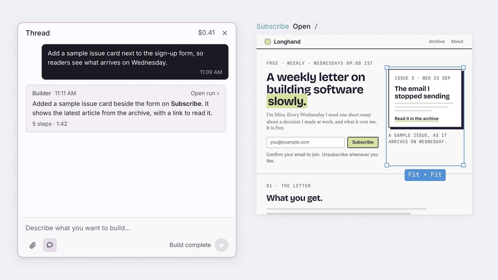 A finished sample issue card added to the newsletter app beside its sign-up form