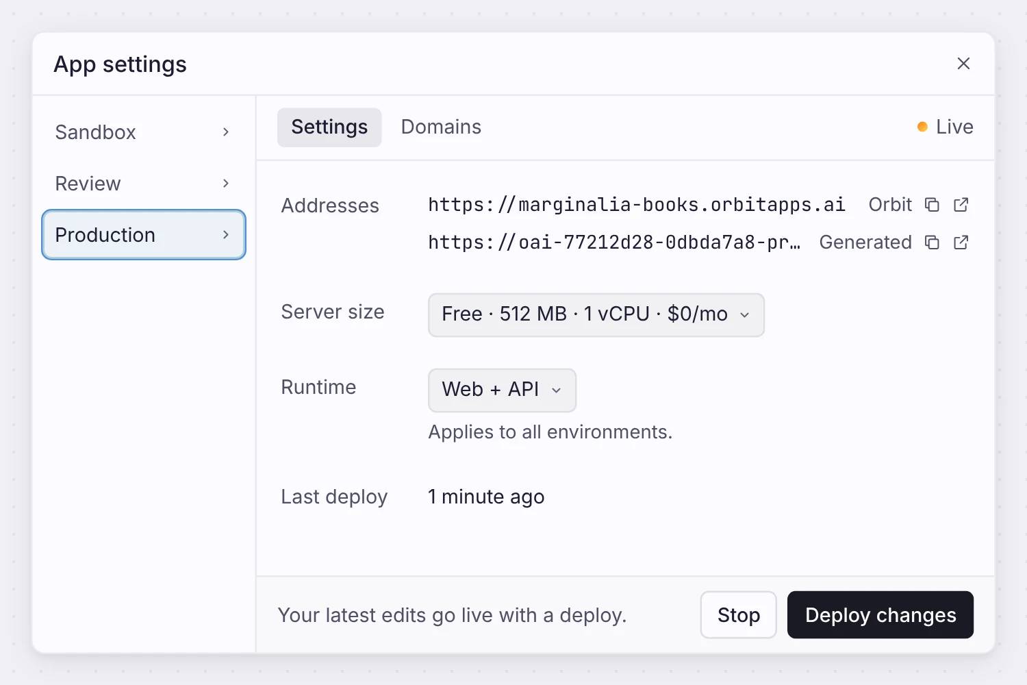 Marginalia Books production settings with live addresses, server size and deploy controls