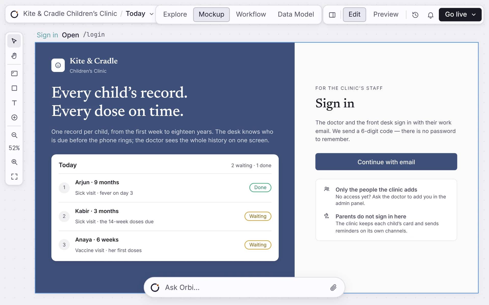 Kite and Cradle clinic app showing staff sign-in and the daily patient list
