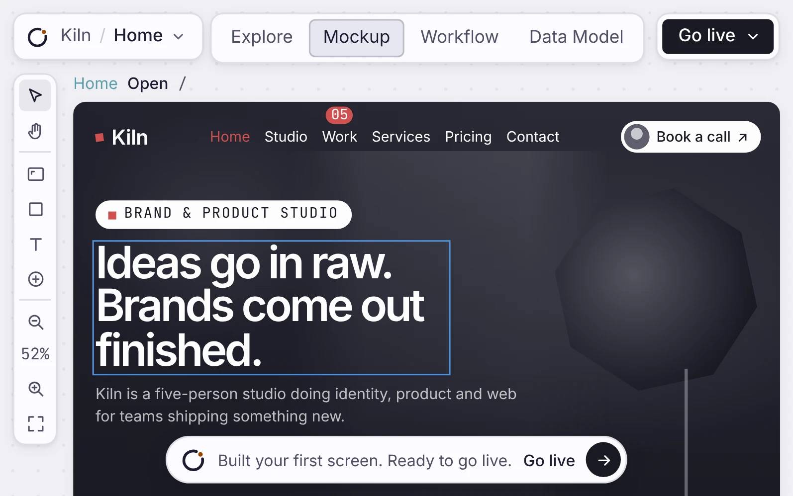 Kiln studio homepage in the Orbit website editor