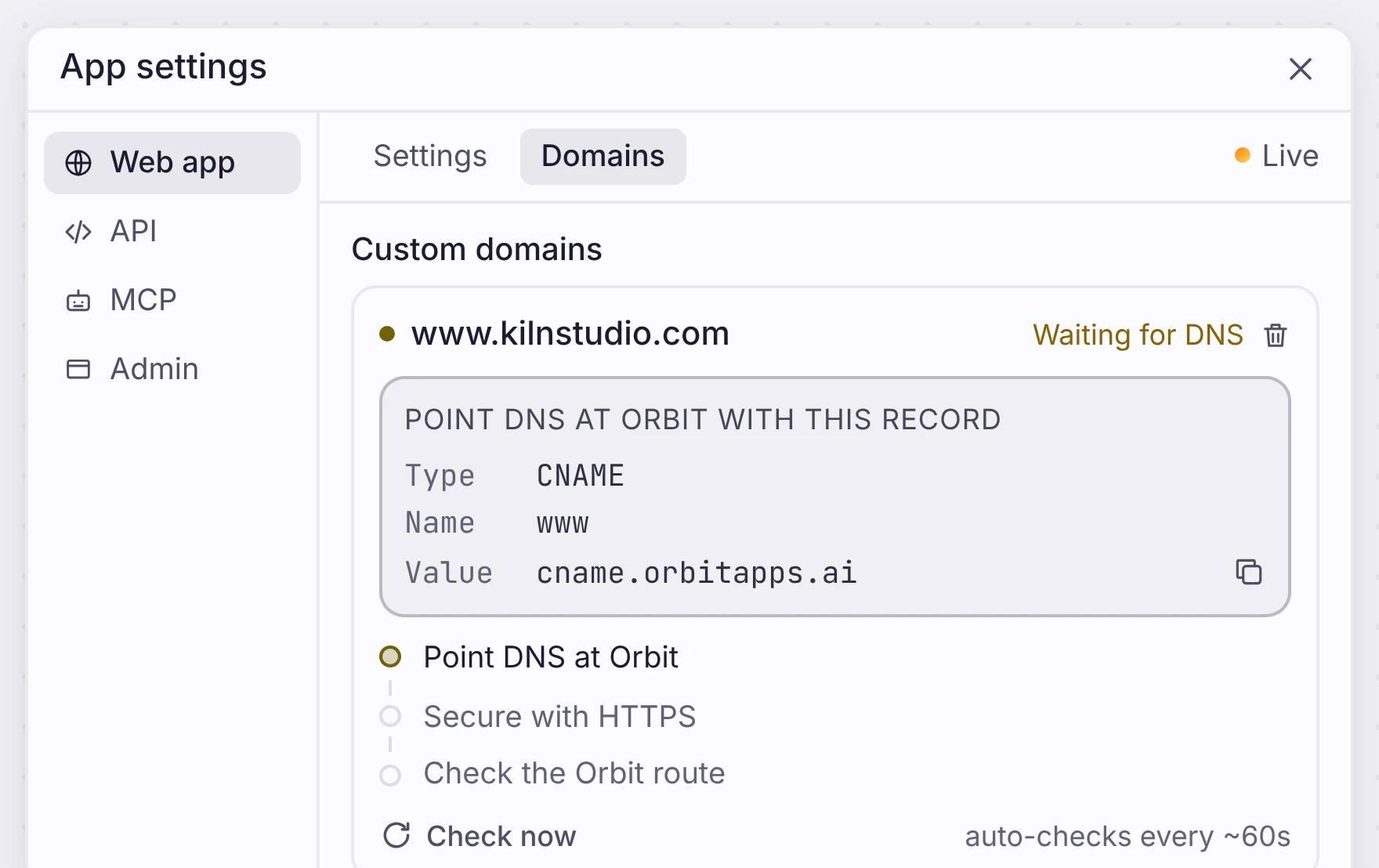 Custom domain settings with CNAME instructions and HTTPS setup
