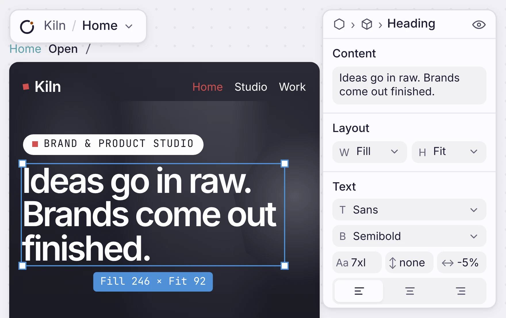Editing the Kiln homepage heading with layout and text controls