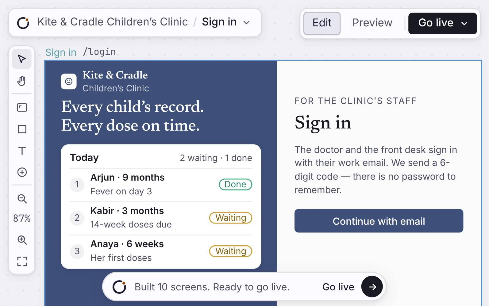 Kite and Cradle clinic app with staff sign-in and today's patient list