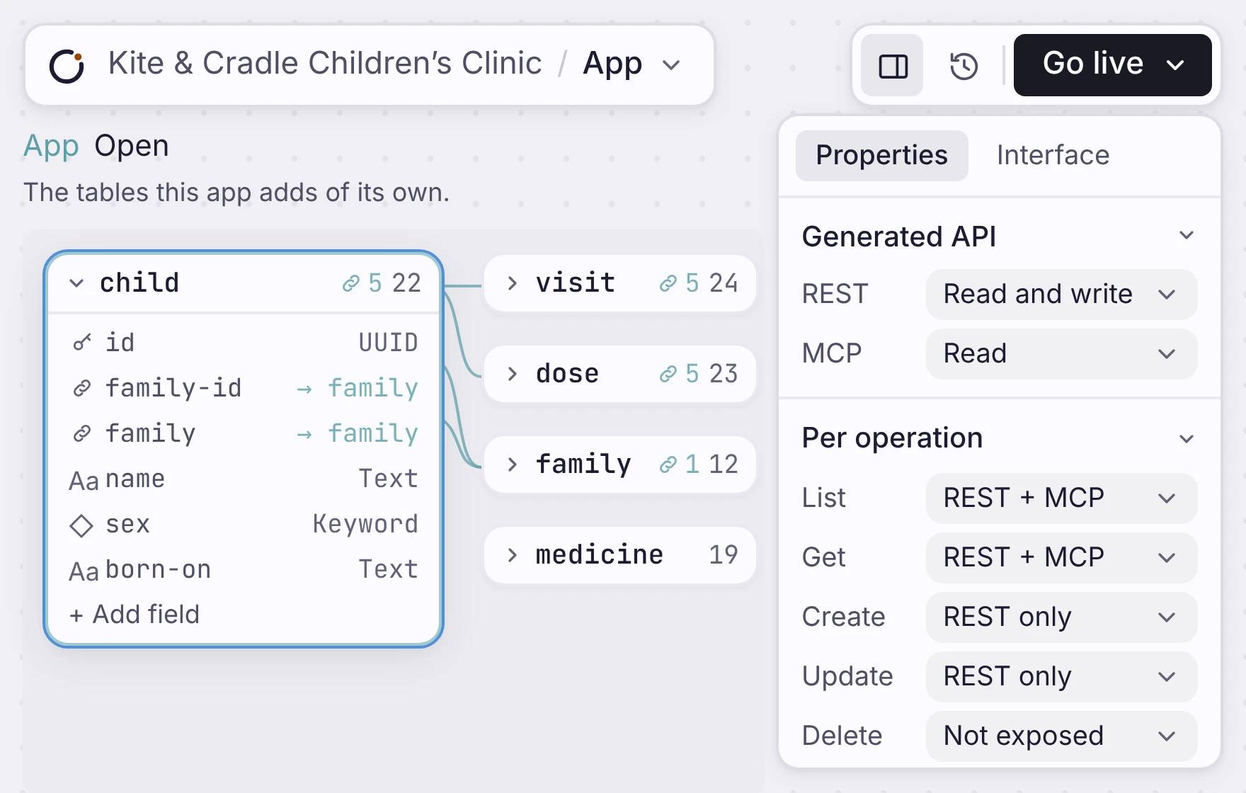 Generated REST and MCP API settings for the clinic child table