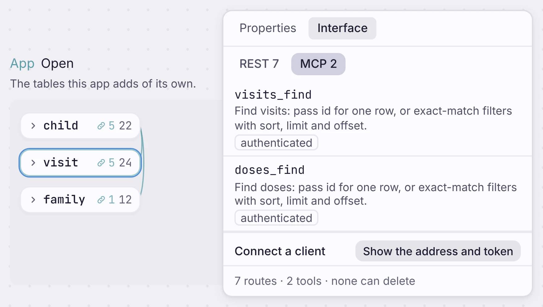 Clinic API interface showing visit and dose tools and client connection controls