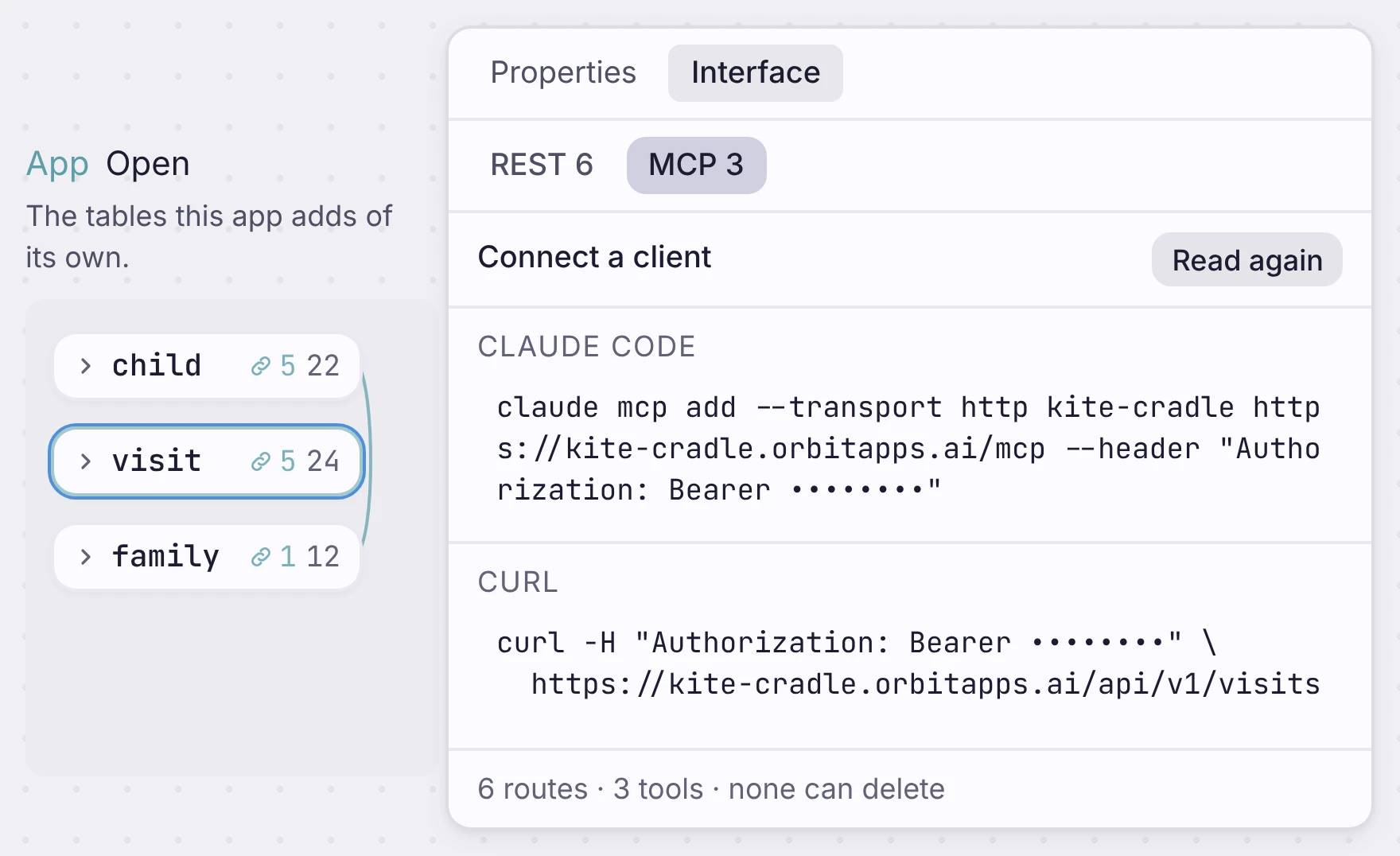 MCP client connection instructions for Claude Code and curl with masked tokens