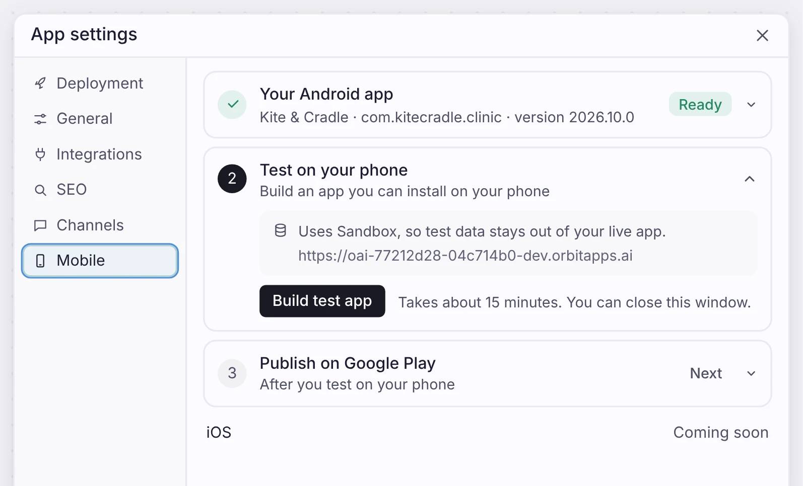Mobile app settings with the Android app ready to build and test on a phone