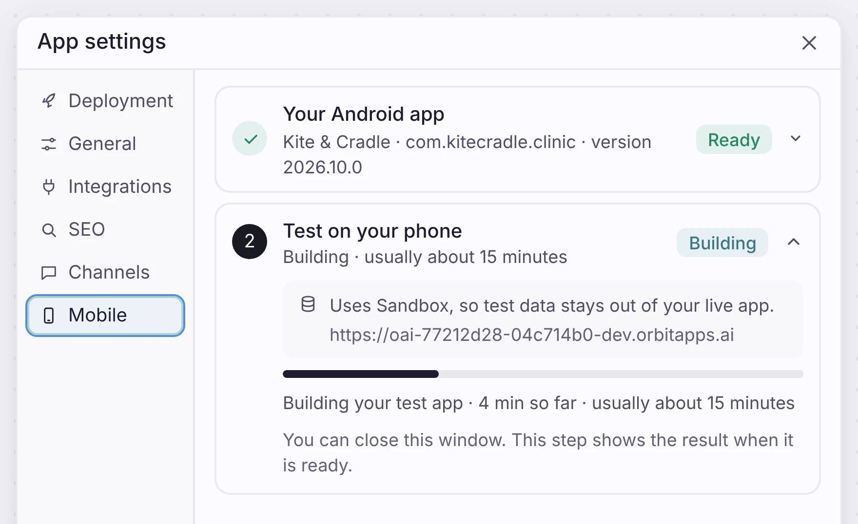 Android test app building in the cloud with progress shown