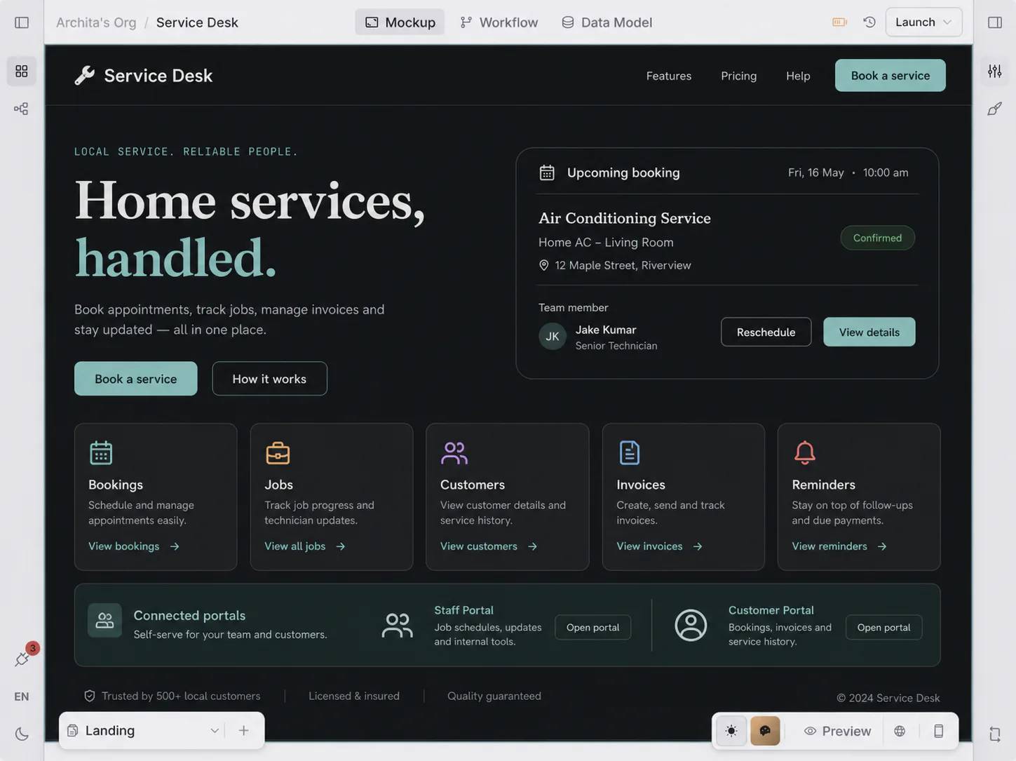 Orbit mockup editor shaping a home services app with bookings, jobs, invoices, reminders, and settings visible