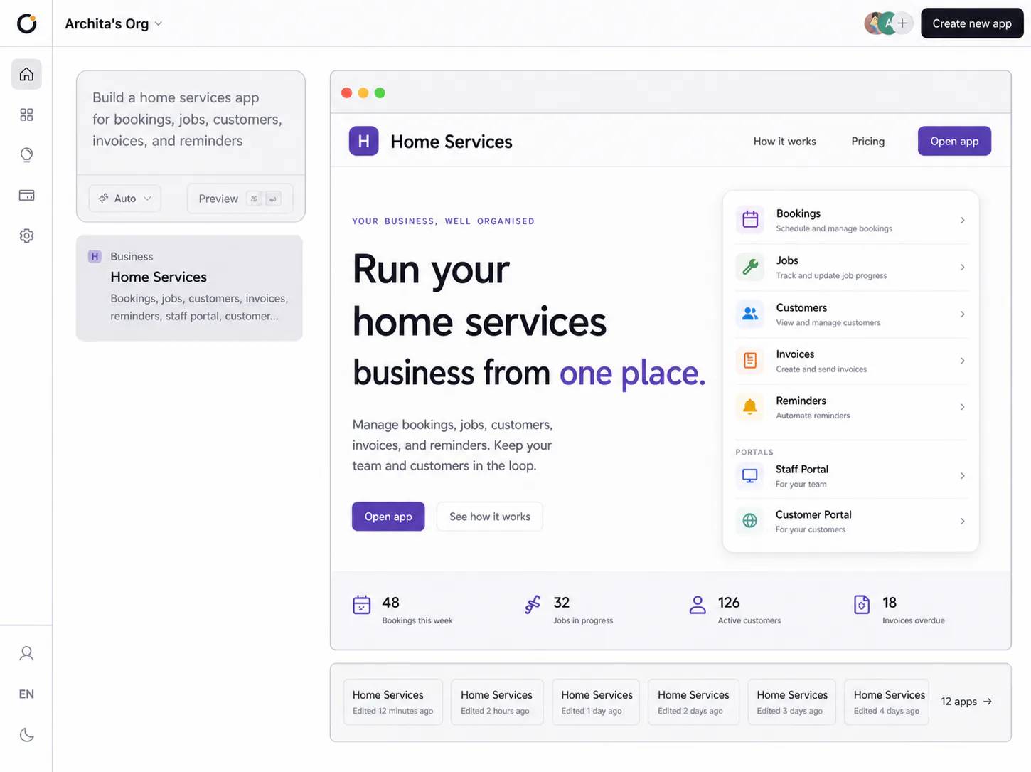 Orbit home building and previewing a home services app for bookings, jobs, customers, invoices, and reminders