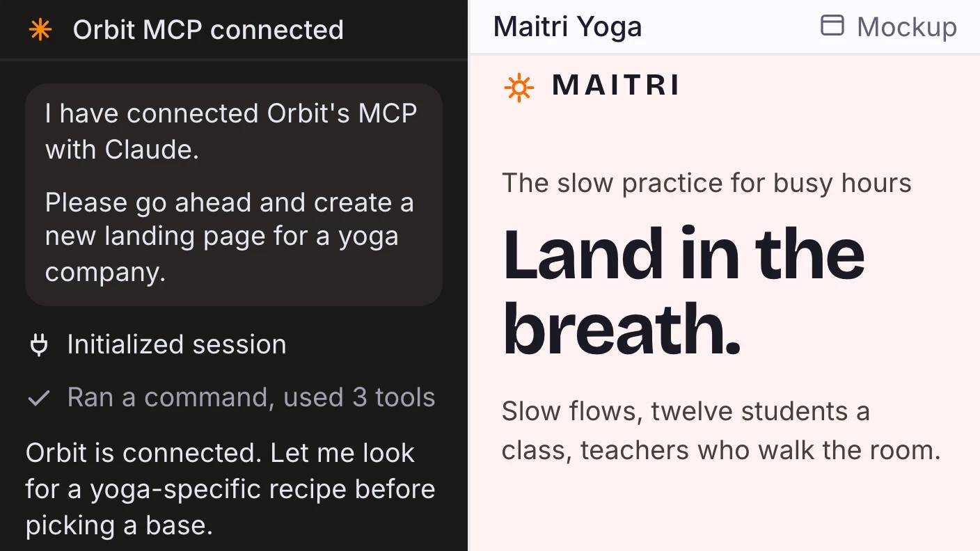 A Claude conversation with Orbit's MCP connected, building a yoga studio landing page