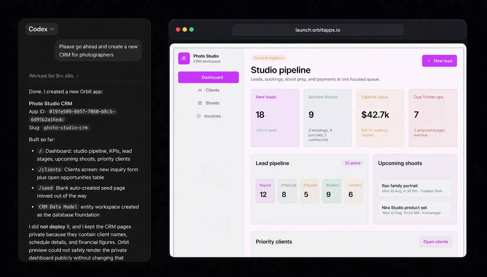 Codex building an Orbit app through MCP