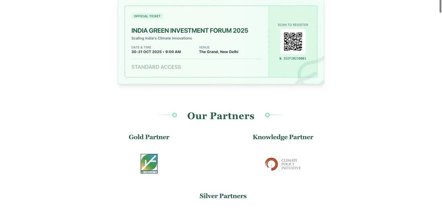 L’app India Green Investment Forum : un billet avec son QR code, et les niveaux de sponsoring en dessous