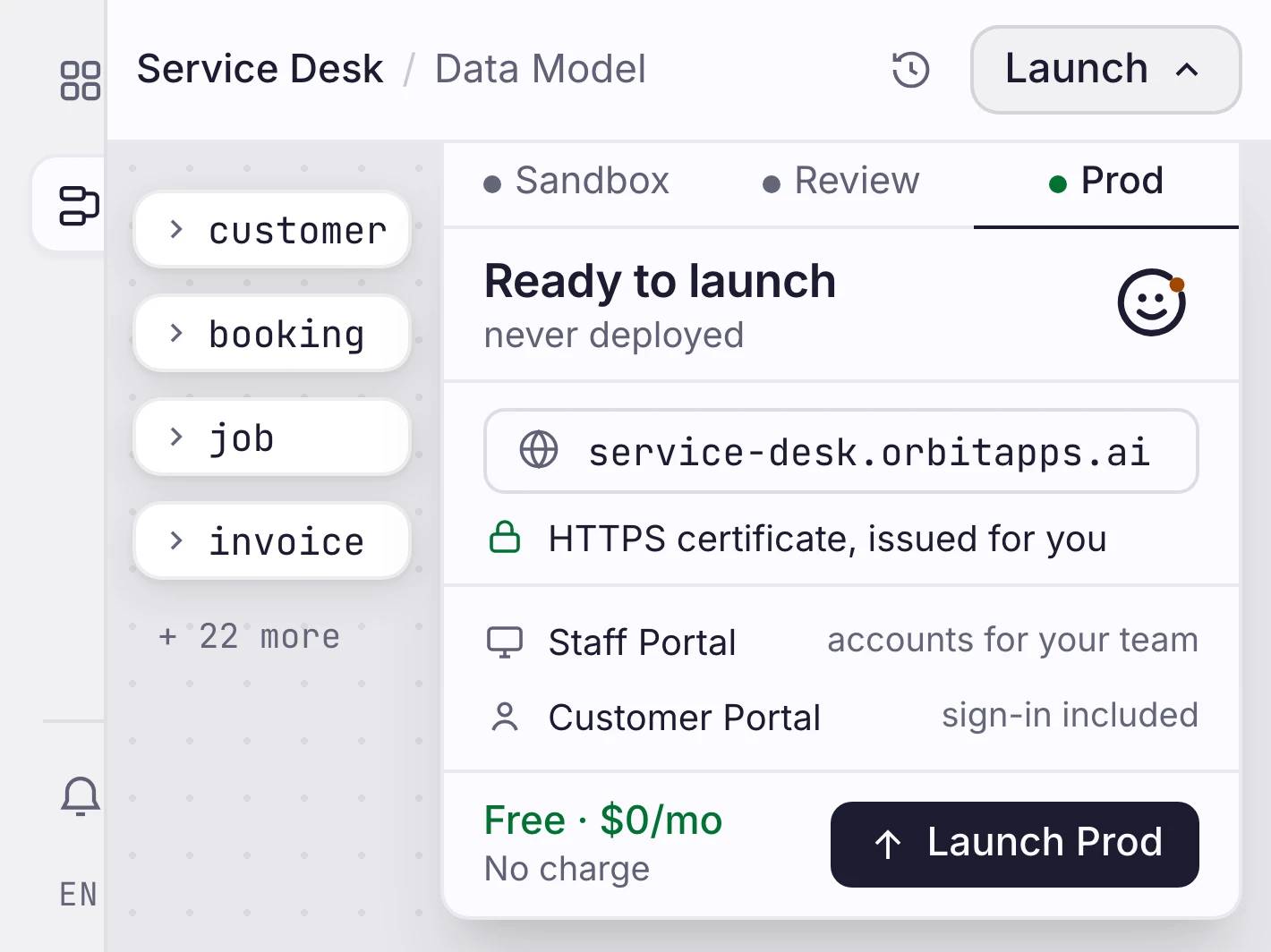 Orbit launch screen showing production status, launch checklist, and live home services app URL