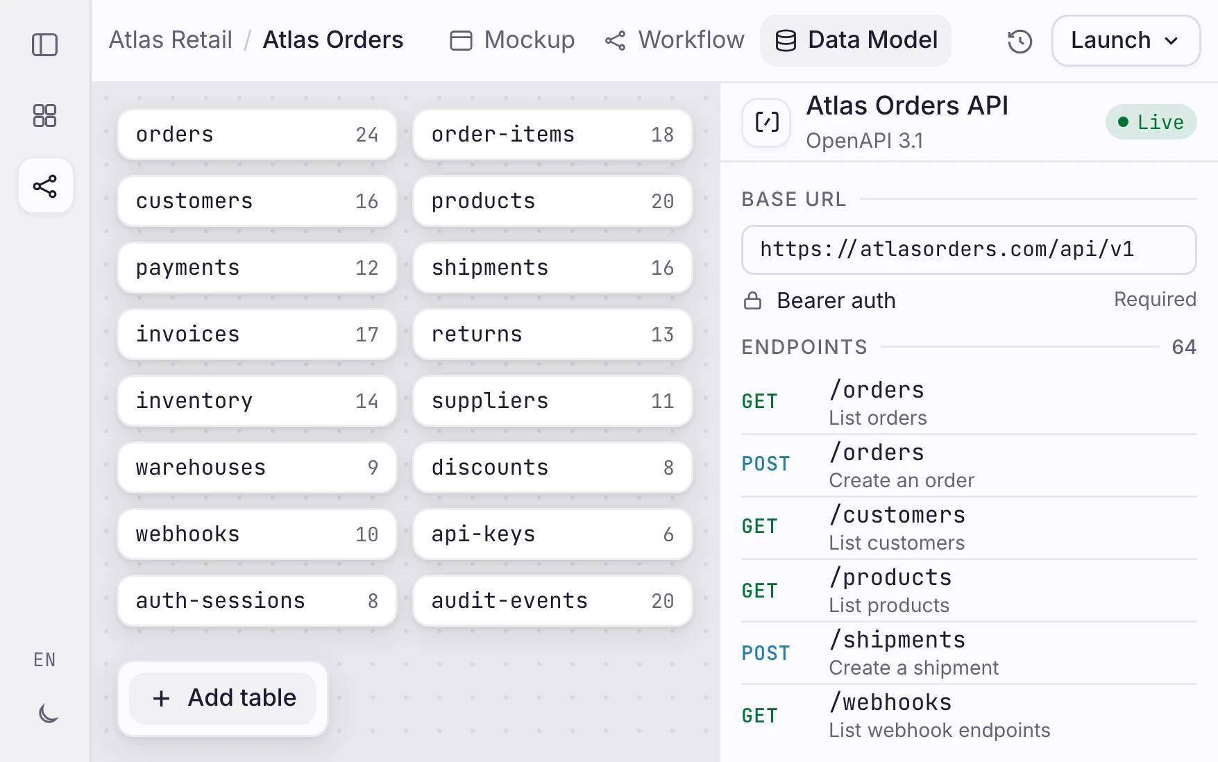 Orbit setting up the Atlas Orders backend data model, REST API, auth, webhooks, and OpenAPI docs
